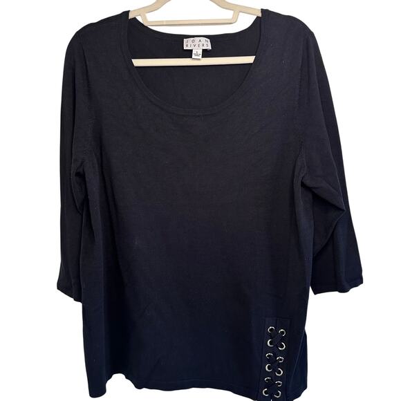 Joan Rivers black Rayon 3/4 sleeve sweater top with corset stitch size large - Picture 1 of 5